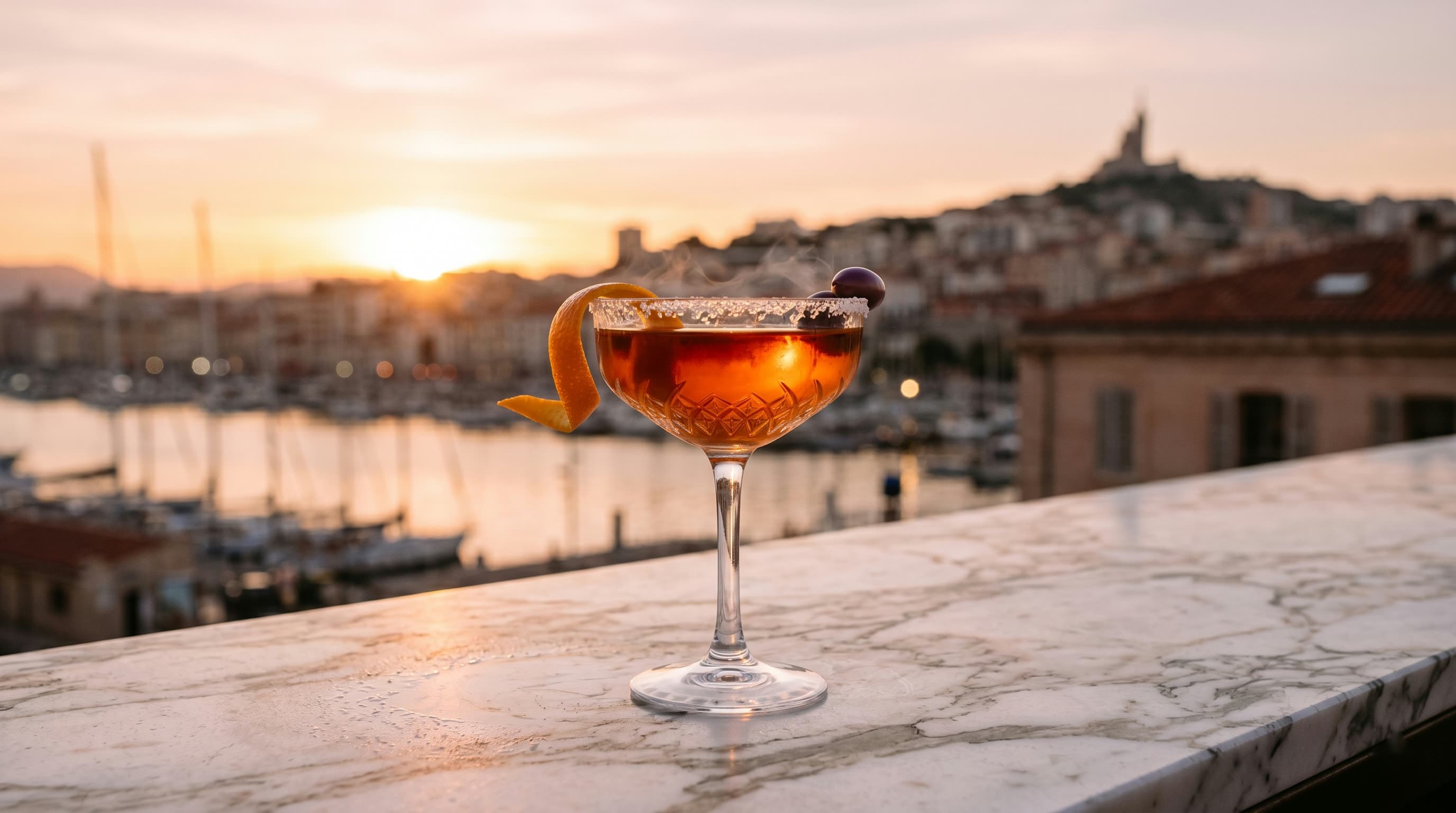 L'Hespéride, cocktail mezcal et marmelade d'orange amère, sur le marbre de Massalia face au Vieux-Port